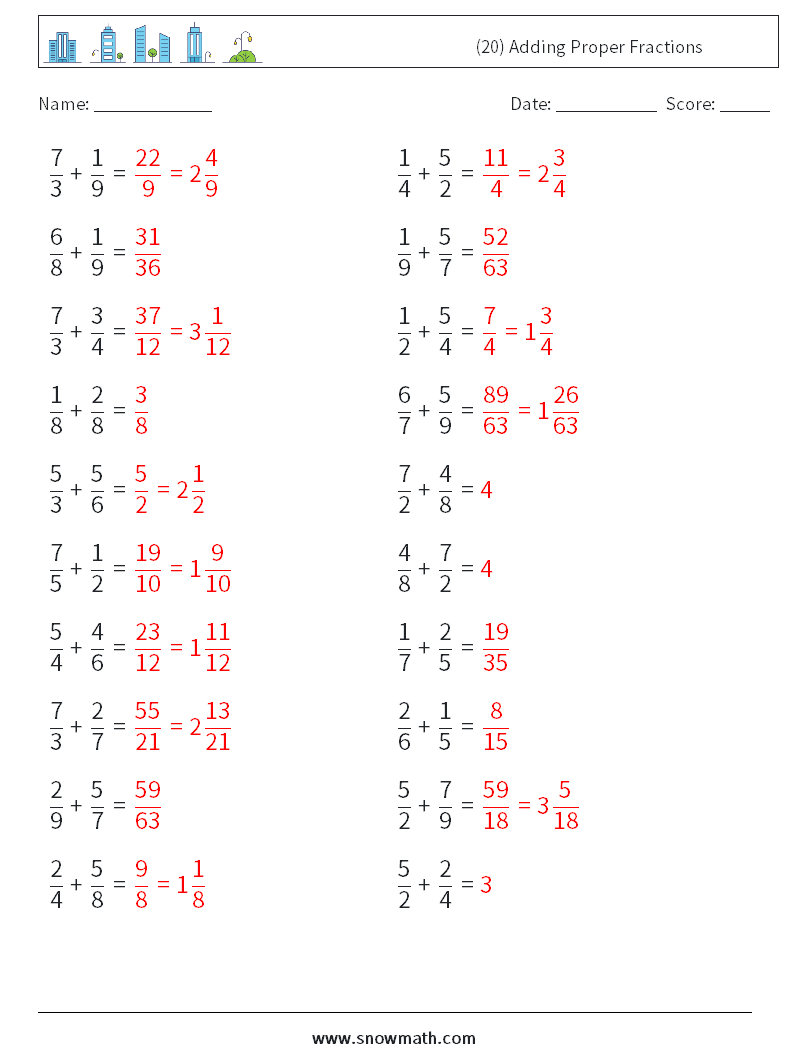 (20) Adding Proper Fractions Math Worksheets 6 Question, Answer