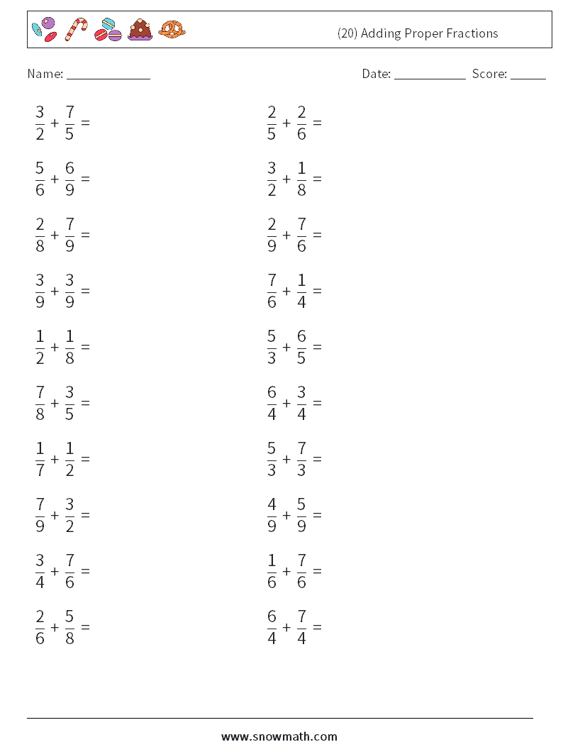 (20) Adding Proper Fractions Math Worksheets 7