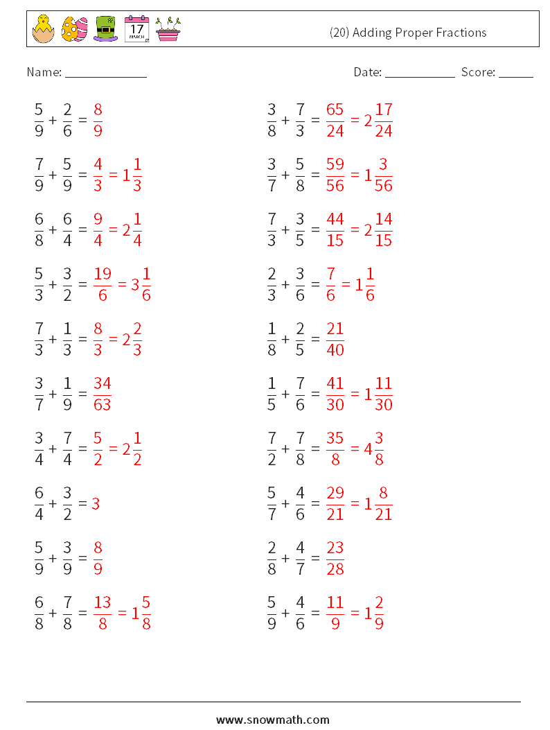 (20) Adding Proper Fractions Math Worksheets 8 Question, Answer