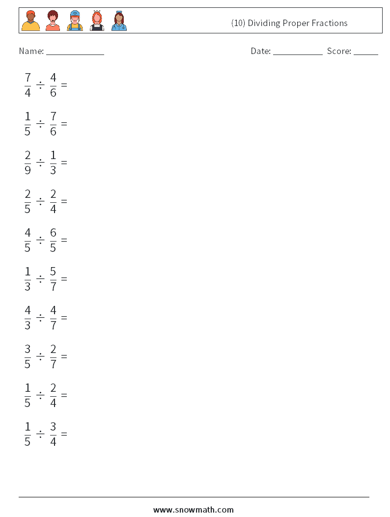 (10) Dividing Proper Fractions Math Worksheets 1