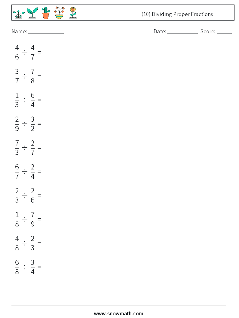 (10) Dividing Proper Fractions Math Worksheets 10