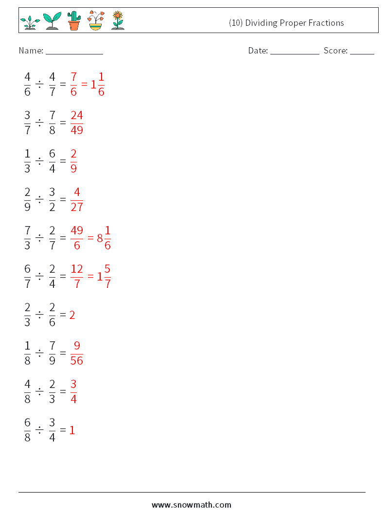 (10) Dividing Proper Fractions Math Worksheets 10 Question, Answer