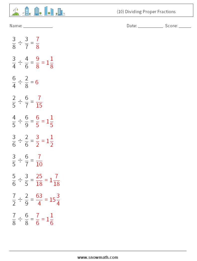 (10) Dividing Proper Fractions Math Worksheets 11 Question, Answer