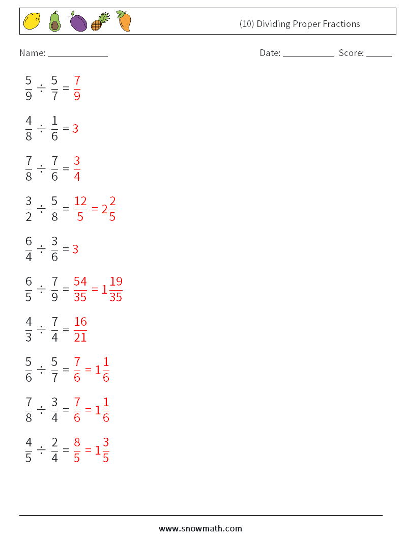 (10) Dividing Proper Fractions Math Worksheets 12 Question, Answer