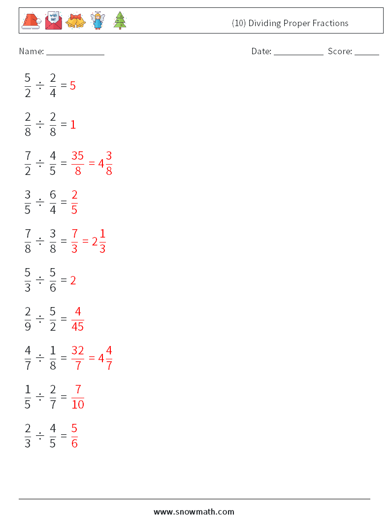 (10) Dividing Proper Fractions Math Worksheets 13 Question, Answer