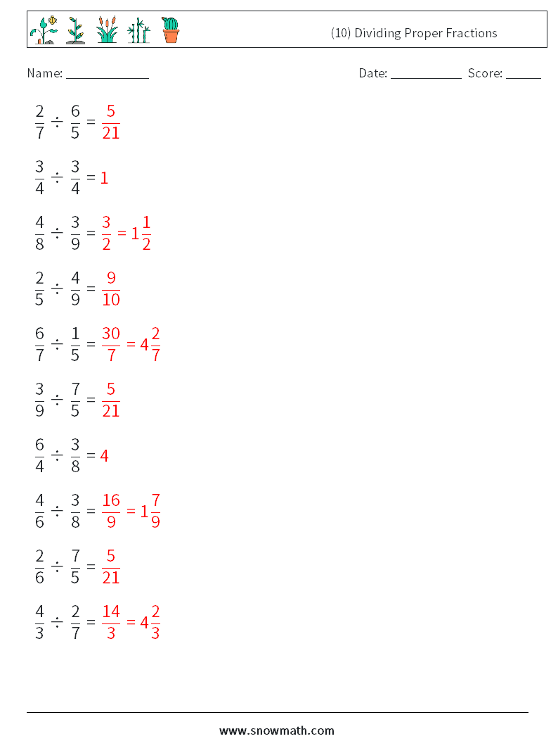 (10) Dividing Proper Fractions Math Worksheets 15 Question, Answer
