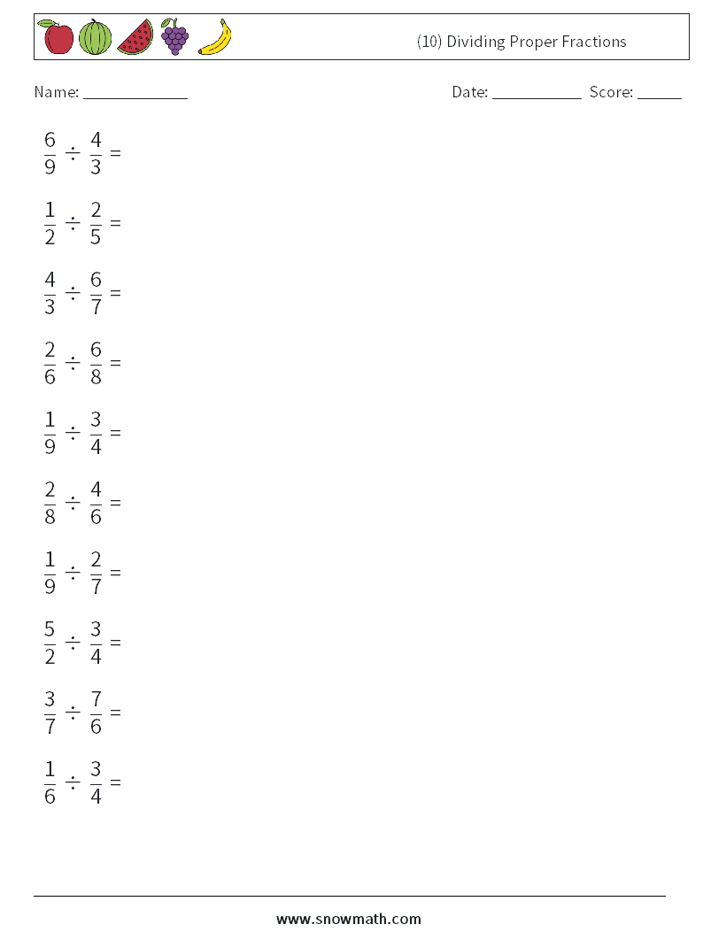 (10) Dividing Proper Fractions Math Worksheets 16