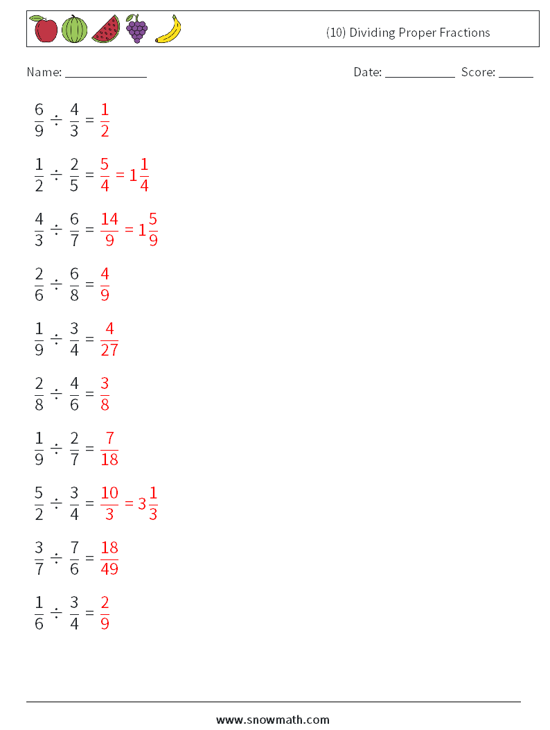 (10) Dividing Proper Fractions Math Worksheets 16 Question, Answer
