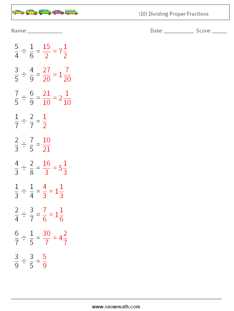 (10) Dividing Proper Fractions Math Worksheets 17 Question, Answer