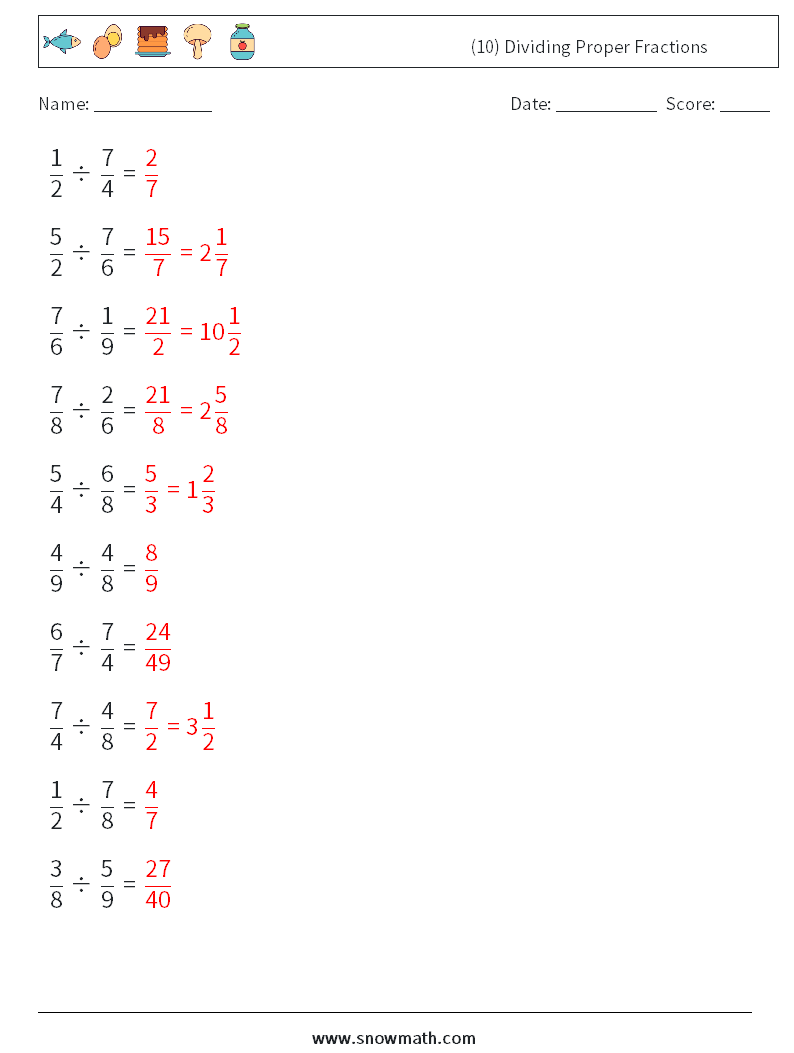 (10) Dividing Proper Fractions Math Worksheets 18 Question, Answer