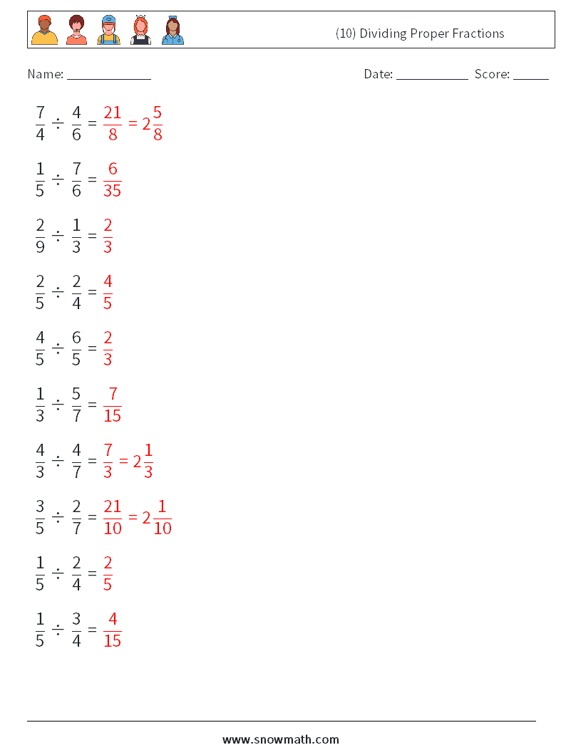 (10) Dividing Proper Fractions Math Worksheets 1 Question, Answer