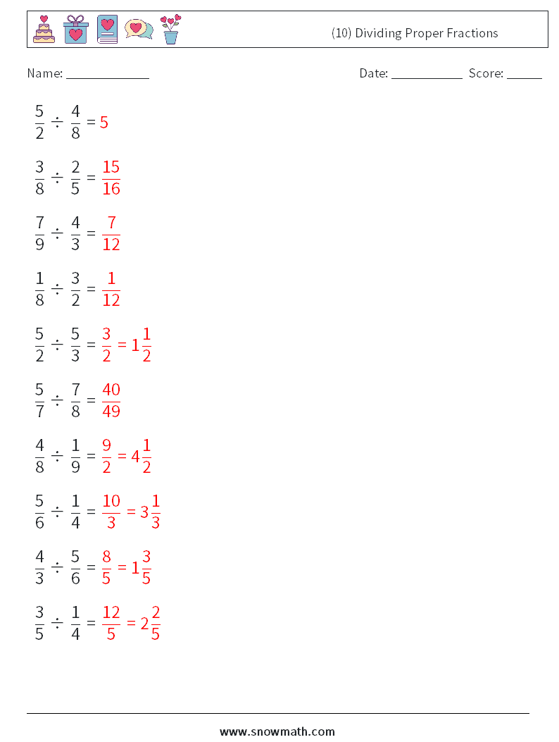 (10) Dividing Proper Fractions Math Worksheets 2 Question, Answer