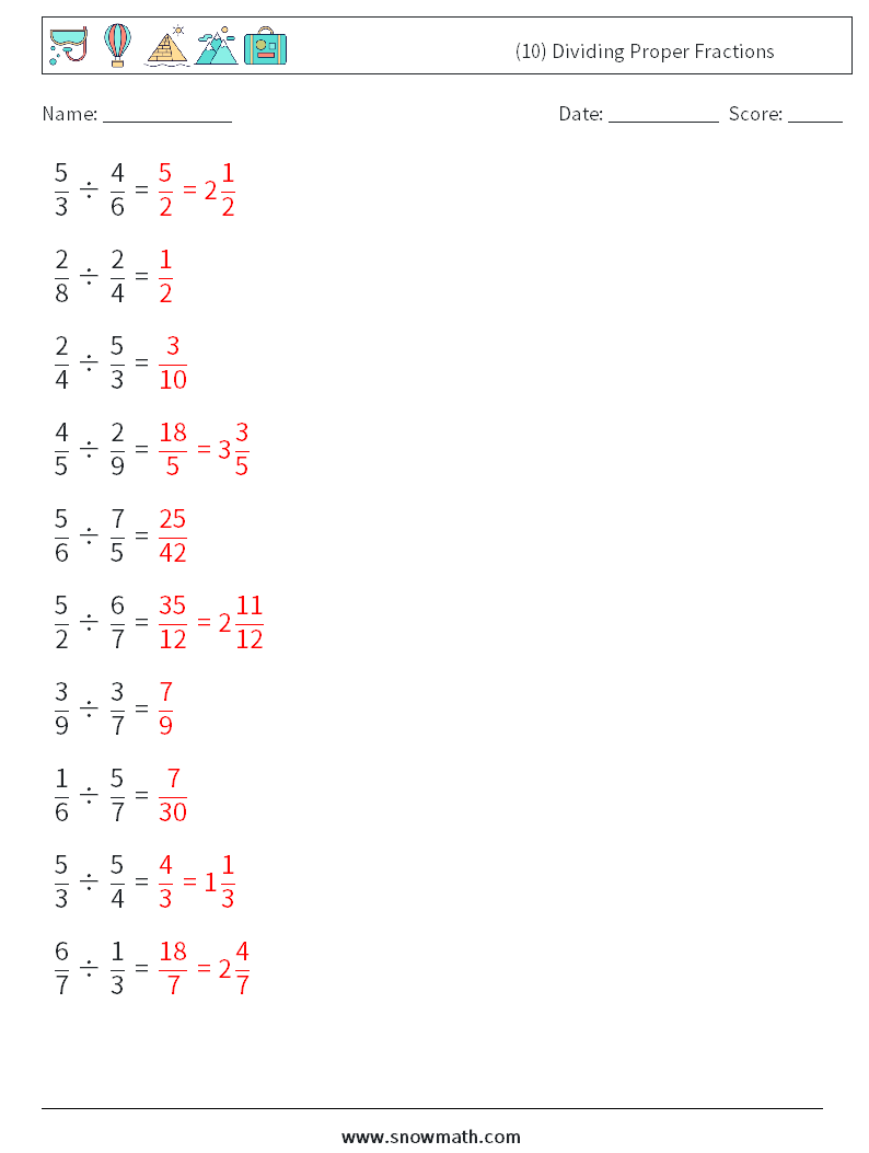 (10) Dividing Proper Fractions Math Worksheets 3 Question, Answer