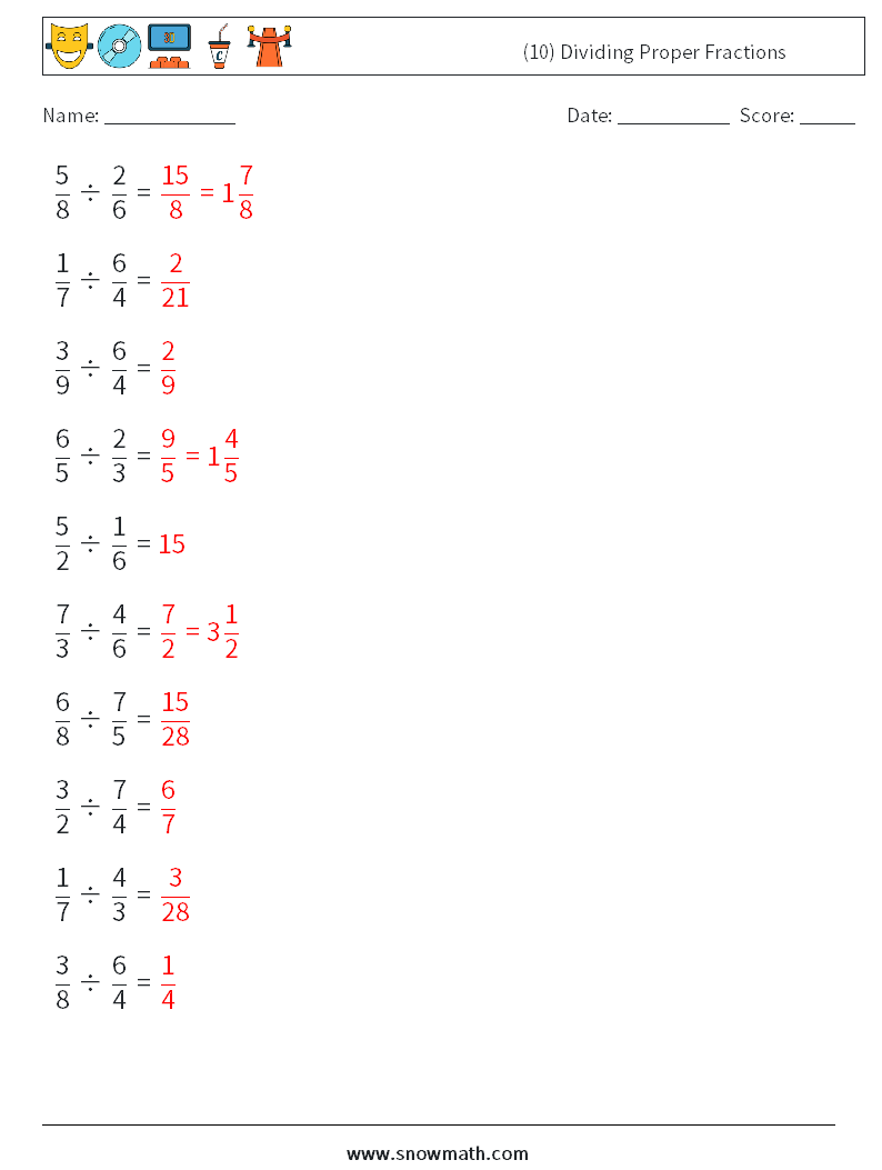 (10) Dividing Proper Fractions Math Worksheets 4 Question, Answer