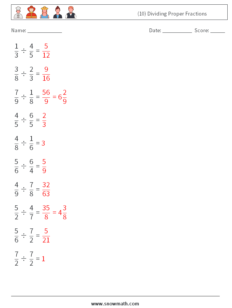 (10) Dividing Proper Fractions Math Worksheets 5 Question, Answer