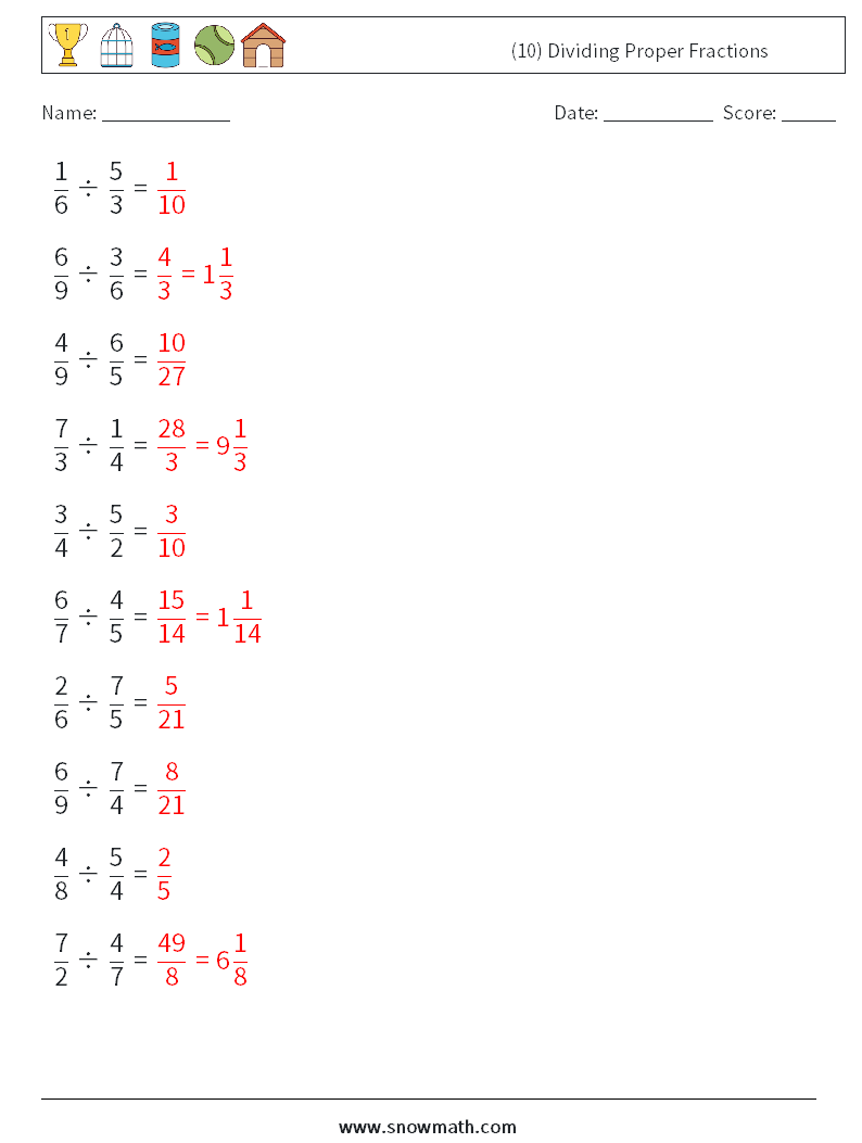 (10) Dividing Proper Fractions Math Worksheets 6 Question, Answer