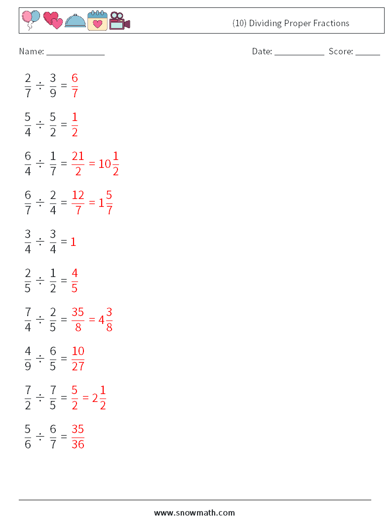 (10) Dividing Proper Fractions Math Worksheets 7 Question, Answer