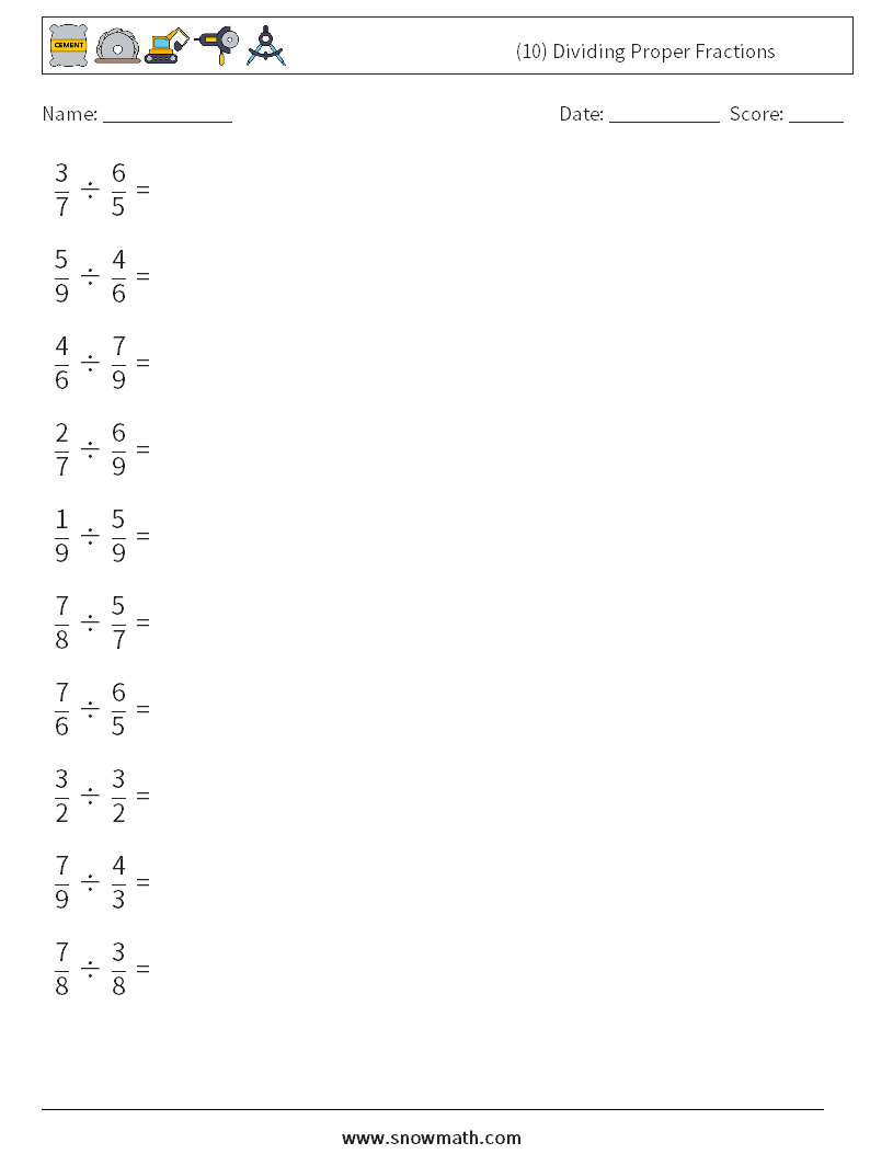 (10) Dividing Proper Fractions Math Worksheets 8