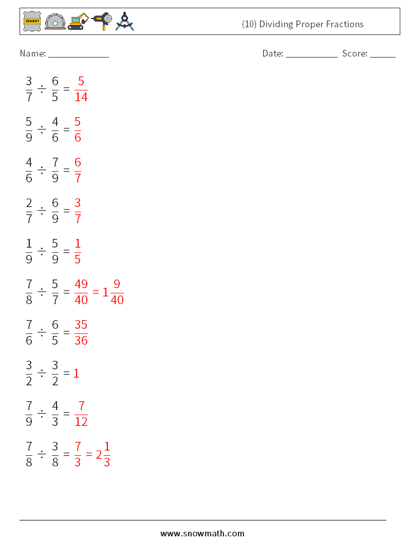 (10) Dividing Proper Fractions Math Worksheets 8 Question, Answer