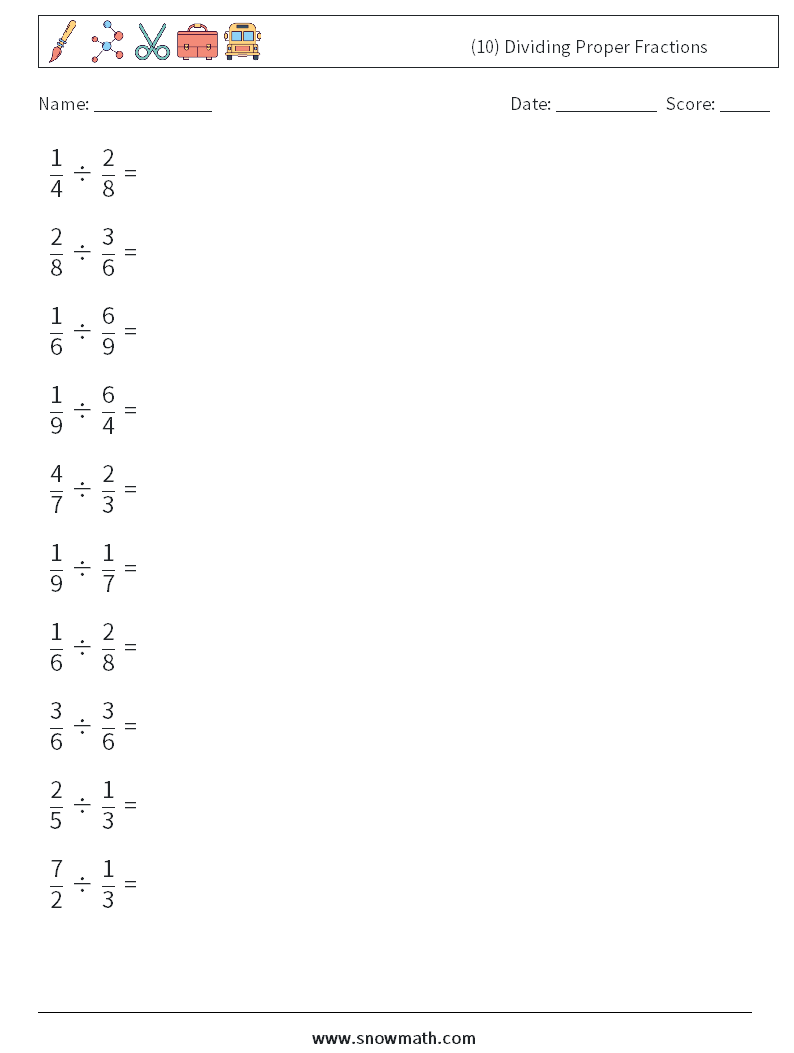 (10) Dividing Proper Fractions Math Worksheets 9