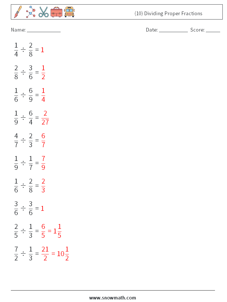 (10) Dividing Proper Fractions Math Worksheets 9 Question, Answer