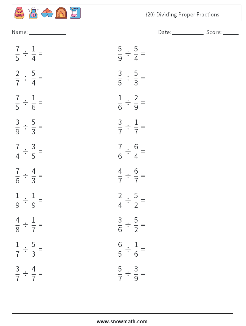 (20) Dividing Proper Fractions Math Worksheets 1