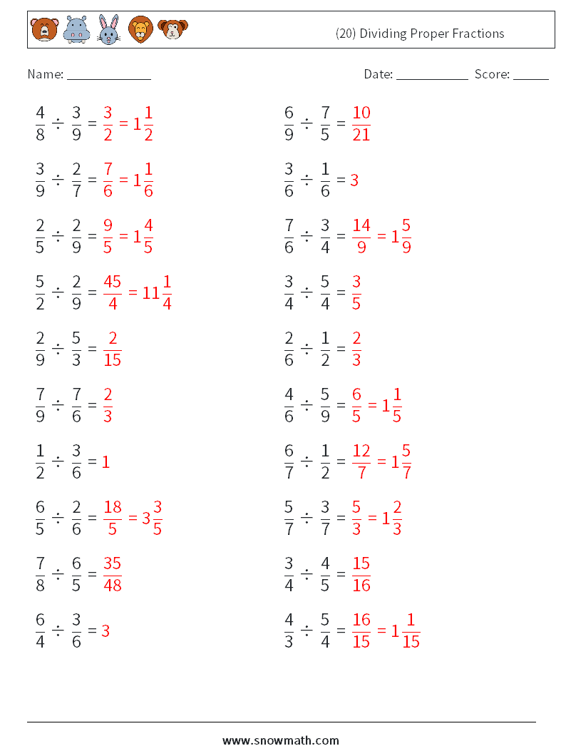(20) Dividing Proper Fractions Math Worksheets 10 Question, Answer