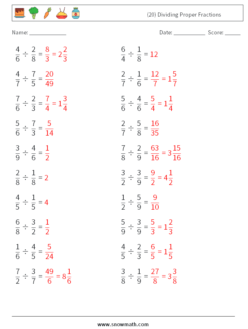 (20) Dividing Proper Fractions Math Worksheets 11 Question, Answer