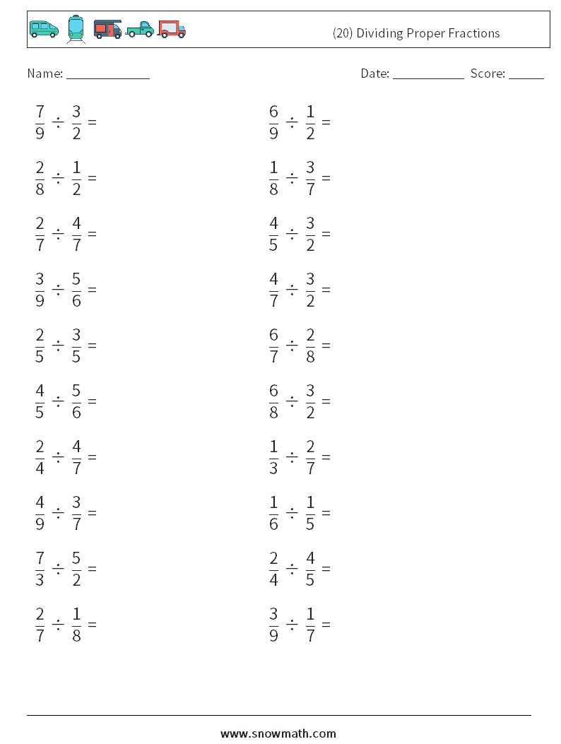 (20) Dividing Proper Fractions Math Worksheets 12