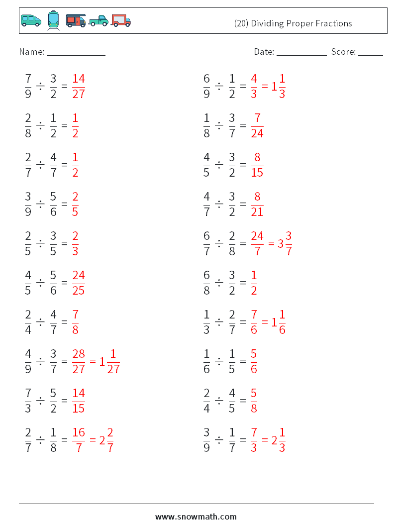 (20) Dividing Proper Fractions Math Worksheets 12 Question, Answer