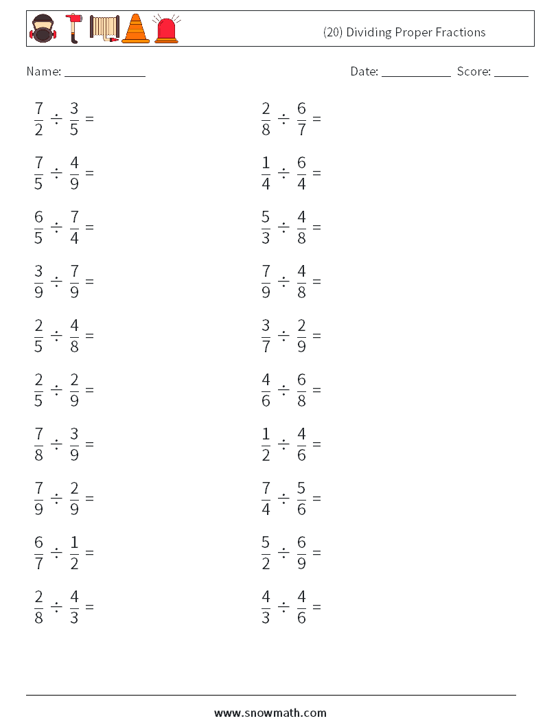 (20) Dividing Proper Fractions Math Worksheets 13