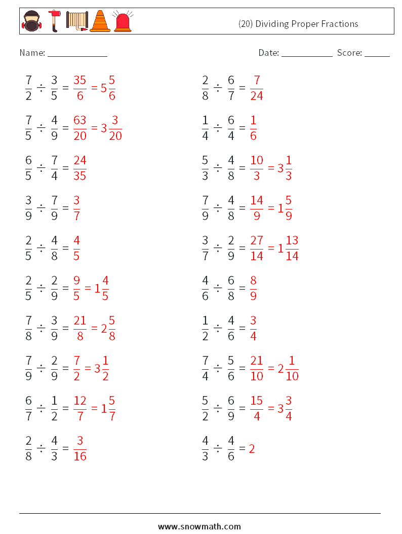 (20) Dividing Proper Fractions Math Worksheets 13 Question, Answer