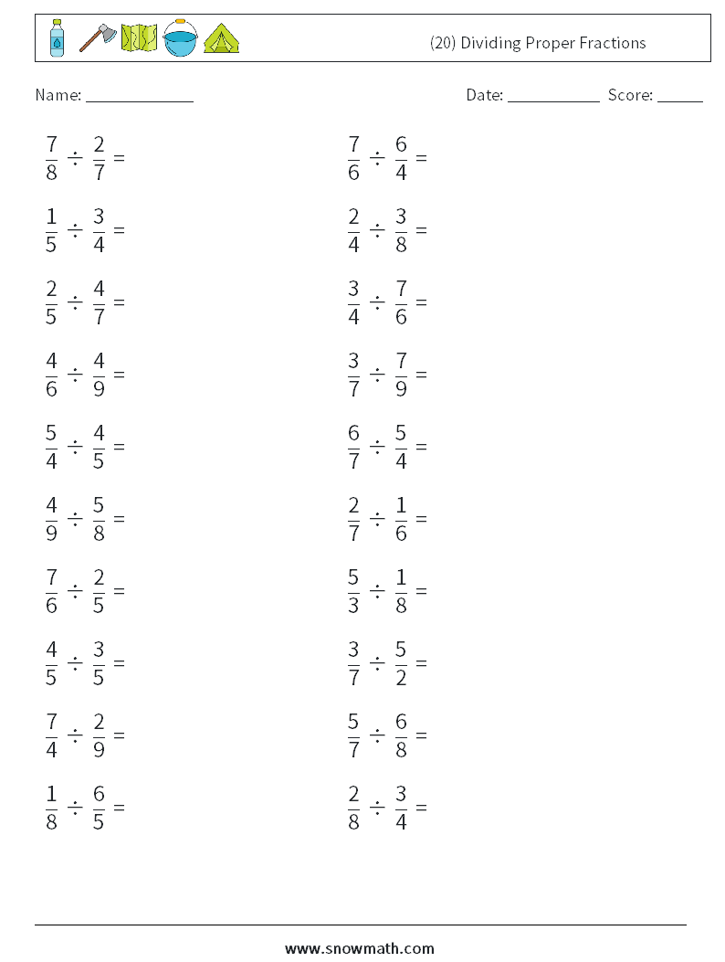 (20) Dividing Proper Fractions Math Worksheets 14