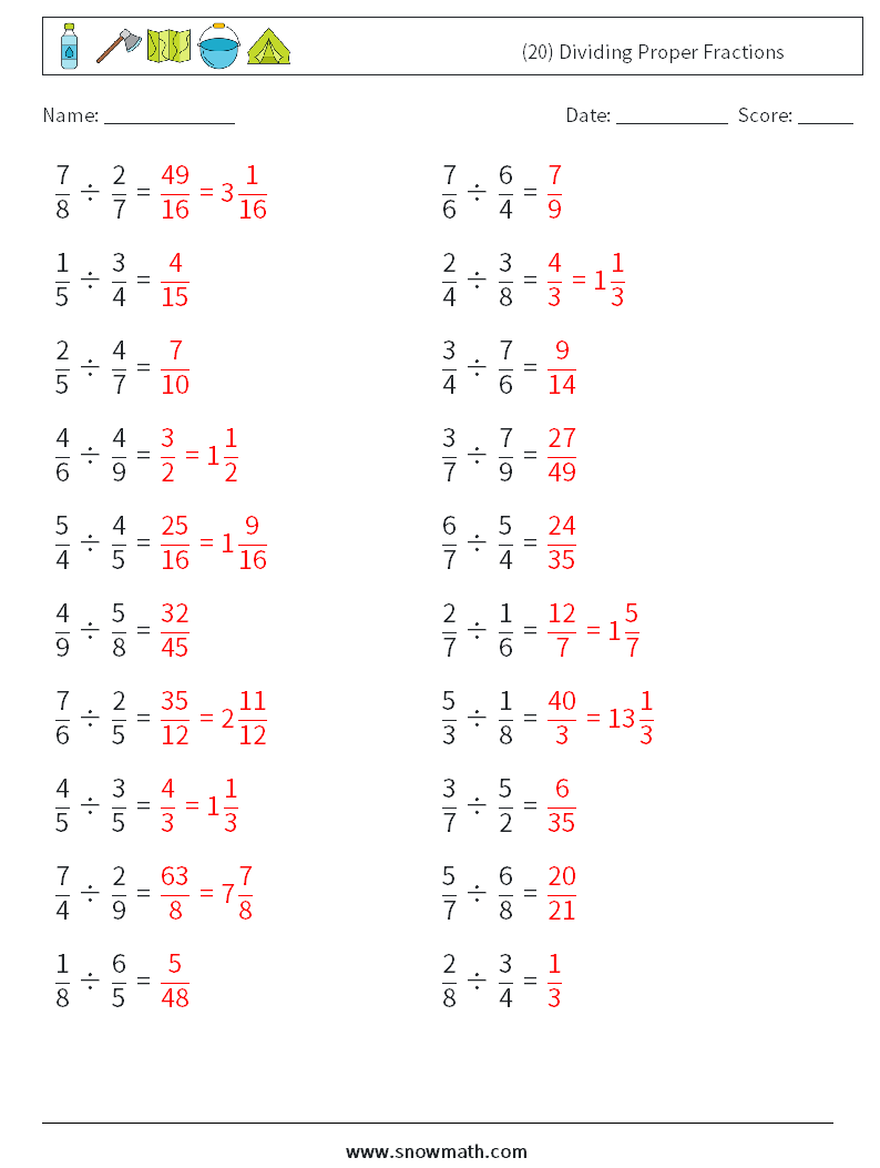 (20) Dividing Proper Fractions Math Worksheets 14 Question, Answer