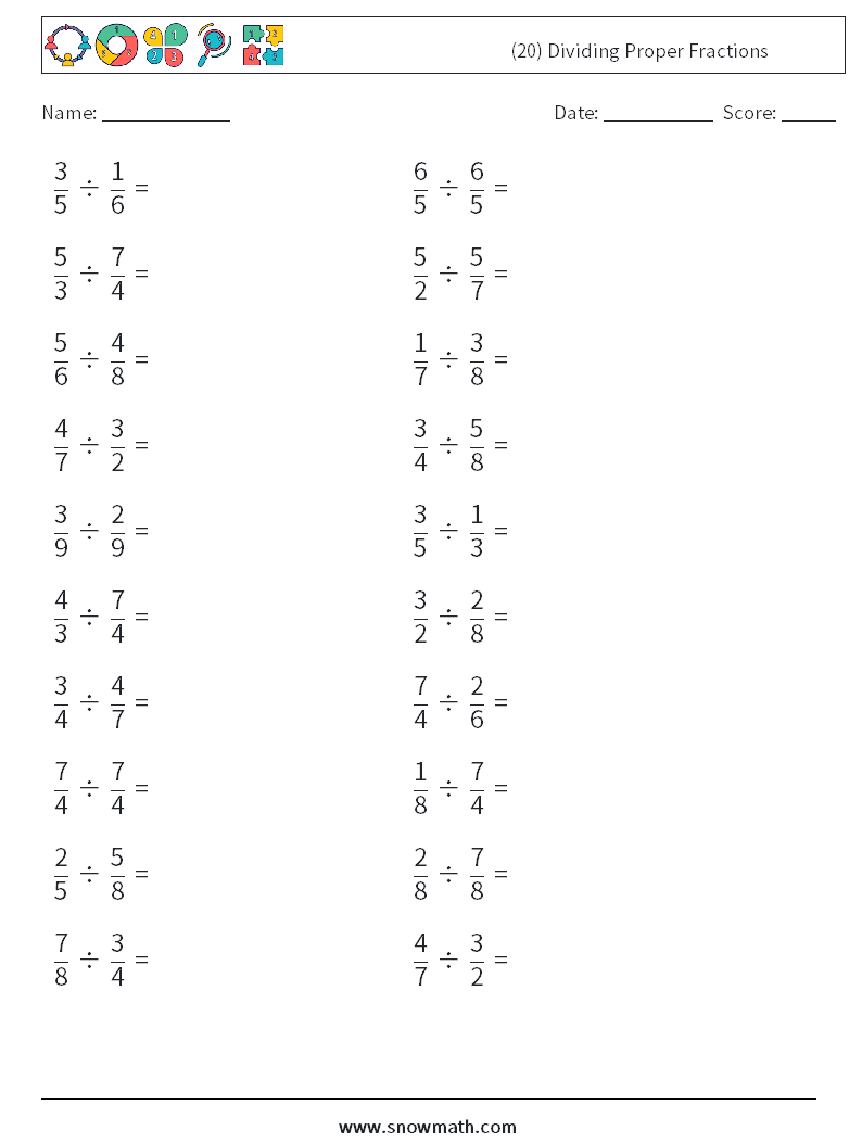 (20) Dividing Proper Fractions Math Worksheets 15