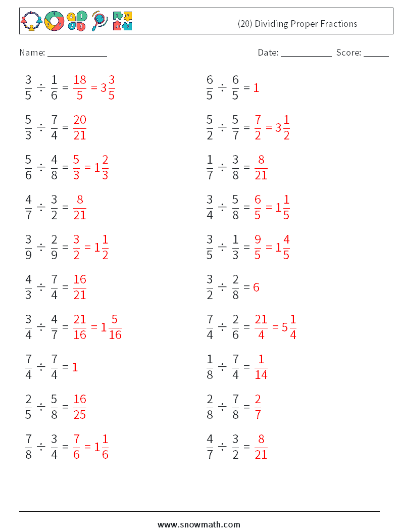 (20) Dividing Proper Fractions Math Worksheets 15 Question, Answer