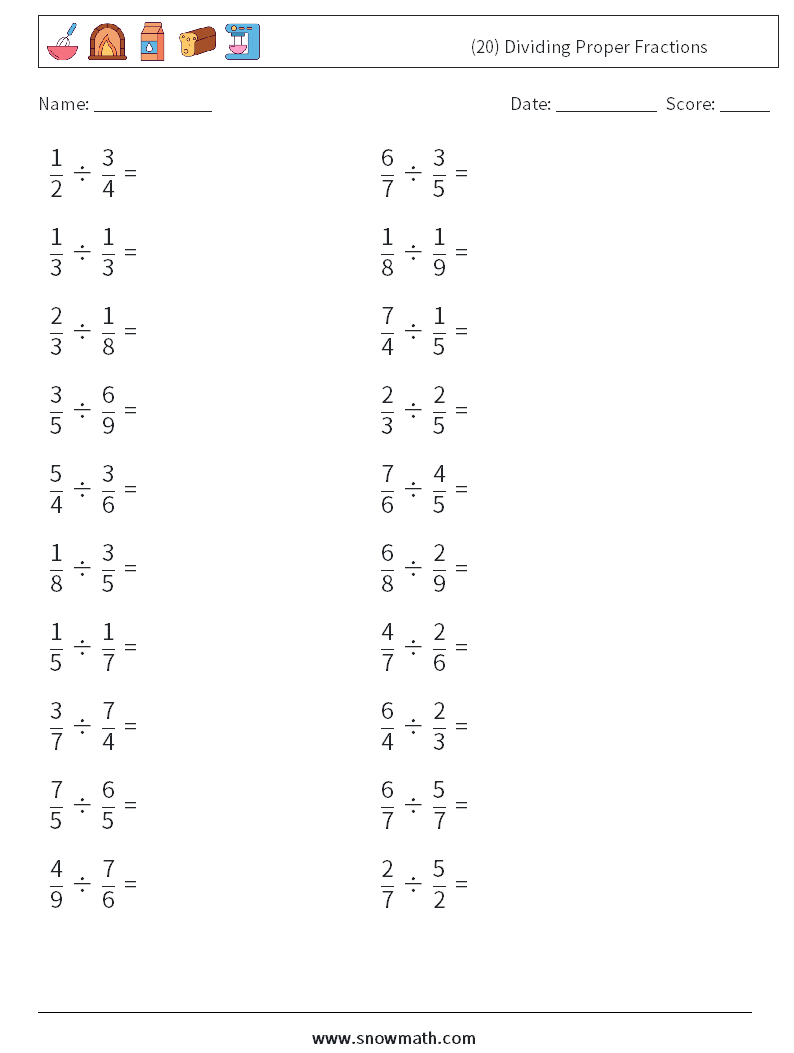 (20) Dividing Proper Fractions Math Worksheets 16