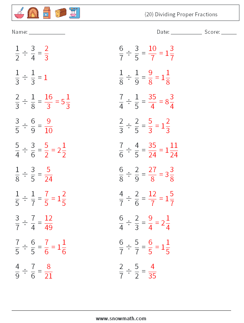 (20) Dividing Proper Fractions Math Worksheets 16 Question, Answer