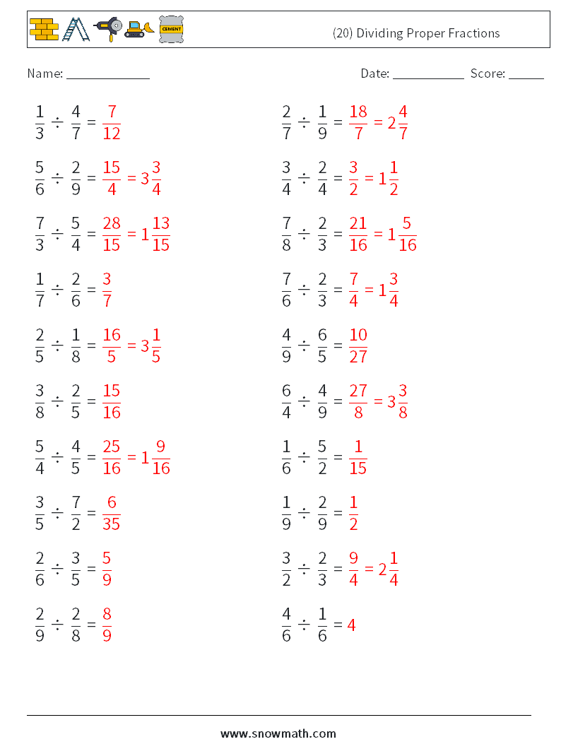 (20) Dividing Proper Fractions Math Worksheets 17 Question, Answer