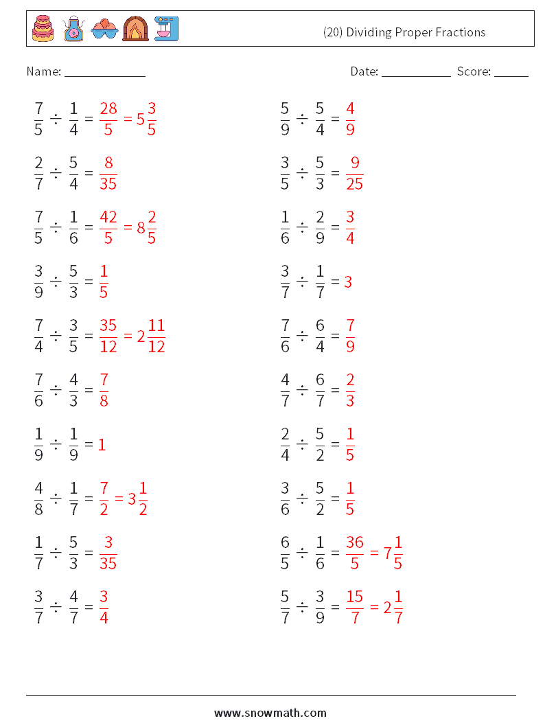 (20) Dividing Proper Fractions Math Worksheets 1 Question, Answer