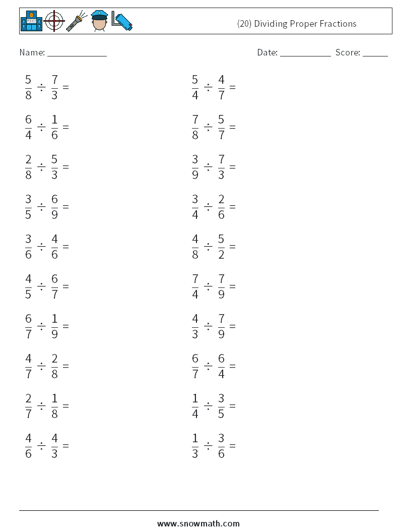 (20) Dividing Proper Fractions Math Worksheets 2