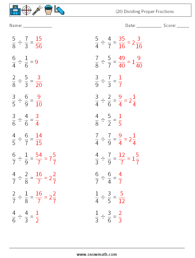 (20) Dividing Proper Fractions Math Worksheets 2 Question, Answer