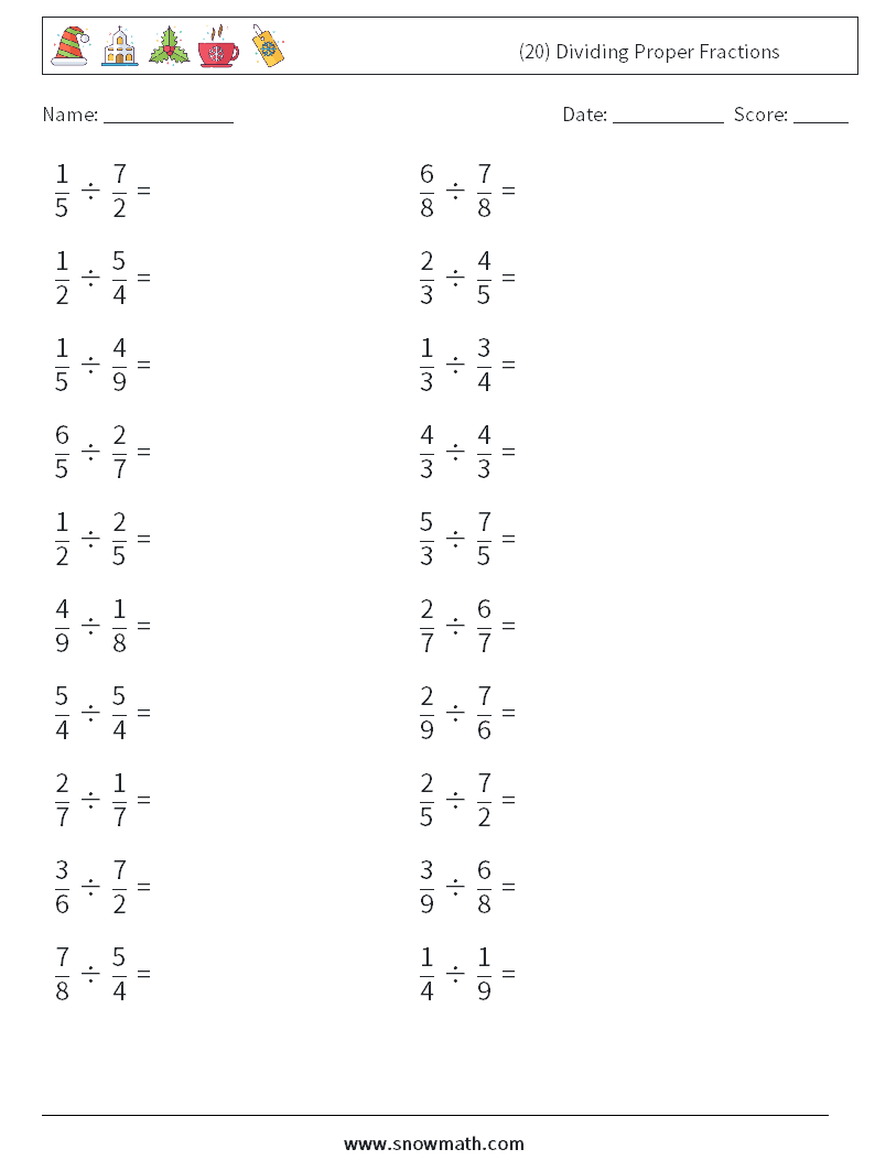 (20) Dividing Proper Fractions Math Worksheets 3