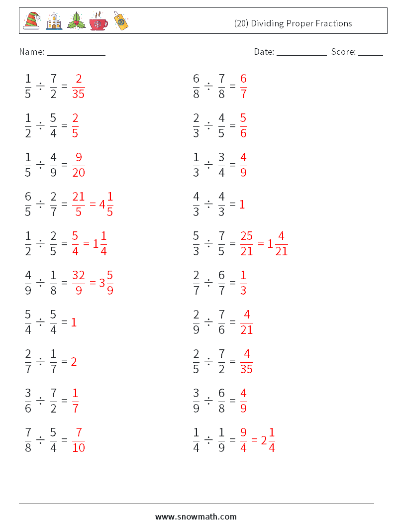 (20) Dividing Proper Fractions Math Worksheets 3 Question, Answer