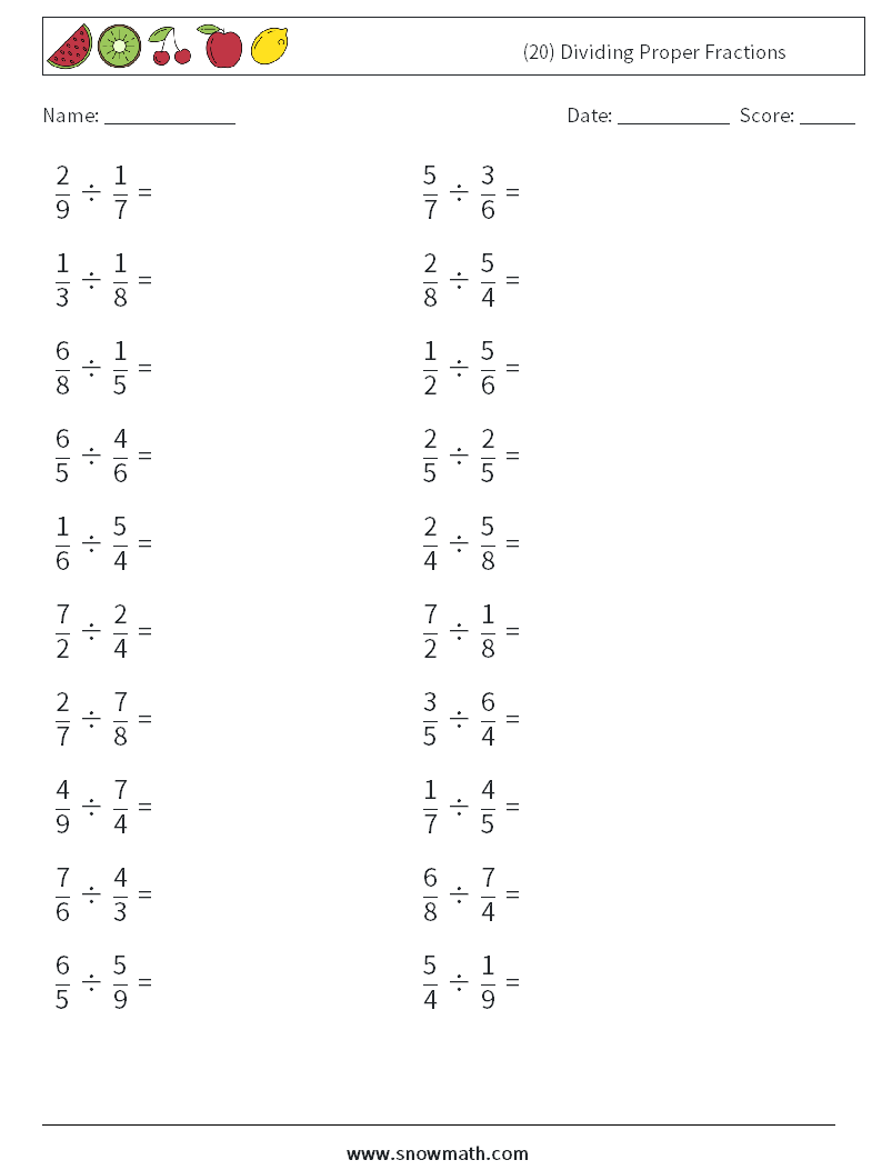 (20) Dividing Proper Fractions Math Worksheets 4