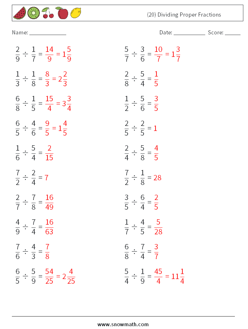 (20) Dividing Proper Fractions Math Worksheets 4 Question, Answer