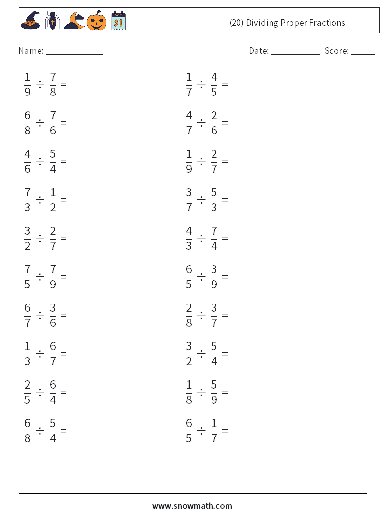 (20) Dividing Proper Fractions Math Worksheets 5