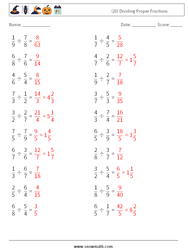 (20) Dividing Proper Fractions Math Worksheets 5 Question, Answer