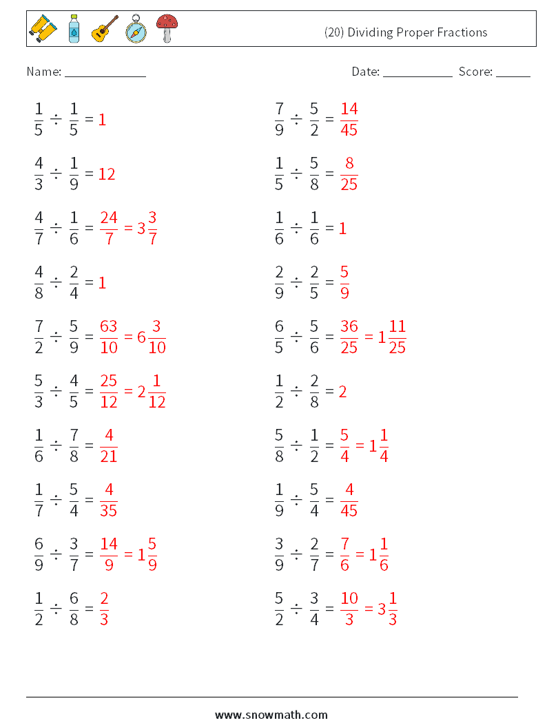 (20) Dividing Proper Fractions Math Worksheets 6 Question, Answer