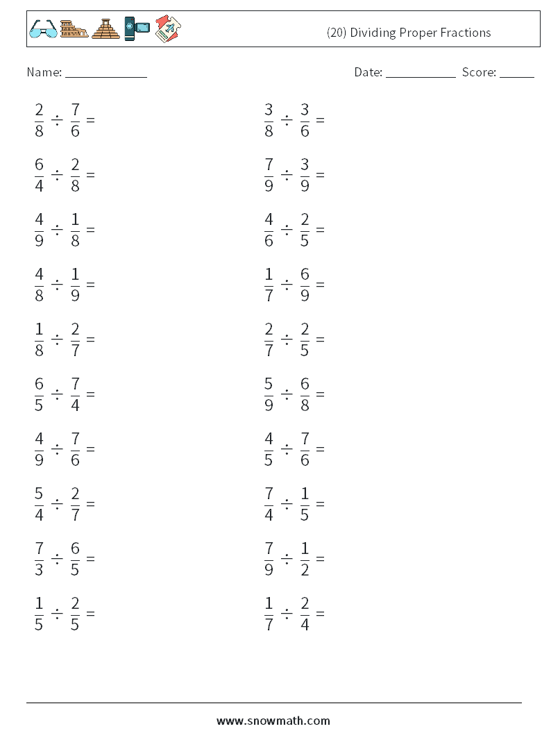 (20) Dividing Proper Fractions Math Worksheets 7